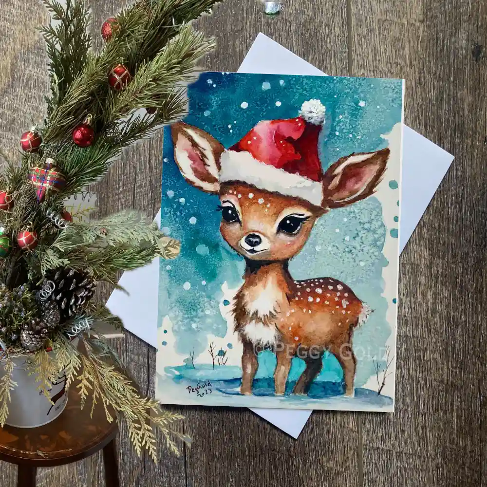 Watercolour white-tail deer Christmas card