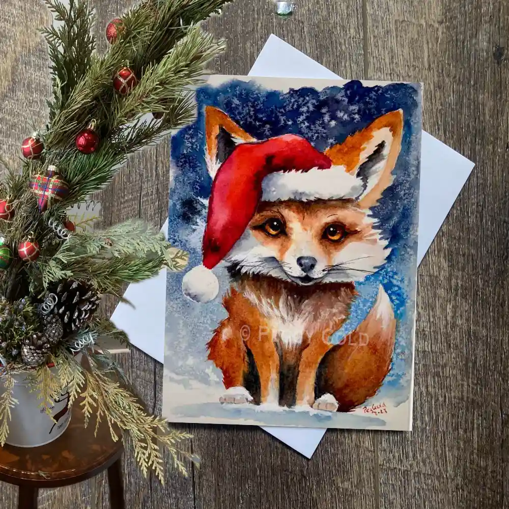 Watercolour red fox Christmas card