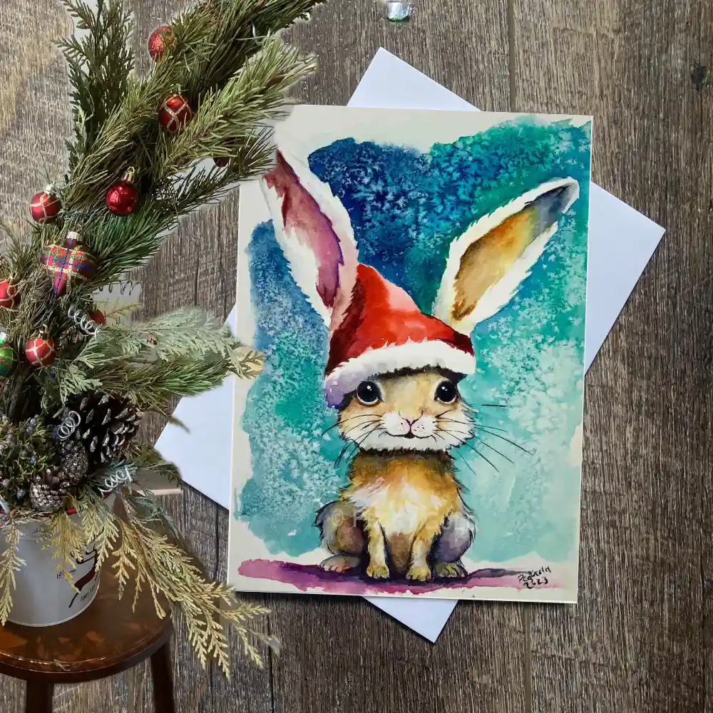 Watercolour big eared rabbit Christmas card