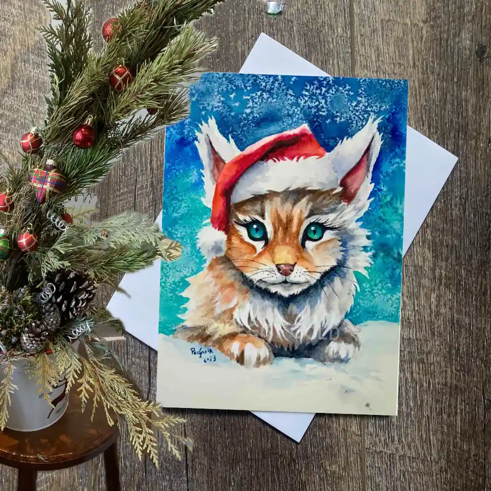 Watercolour lynx Christmas card