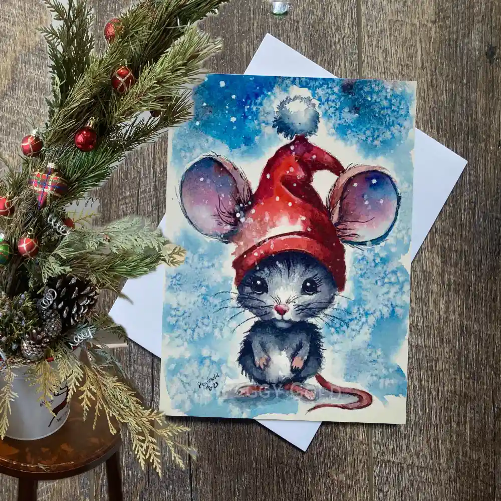 Watercolour mouse Christmas card wearing a Santa hat