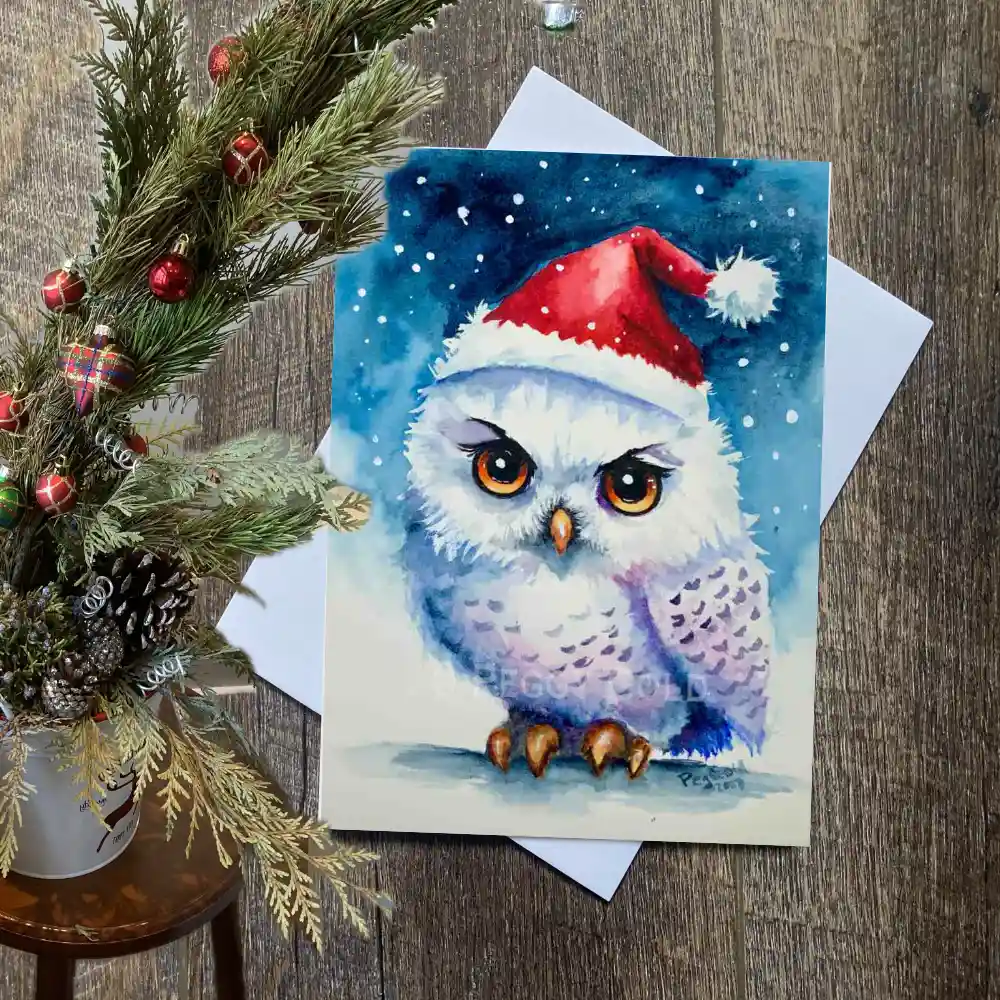 Stunning watercolour snowy owl Christmas card