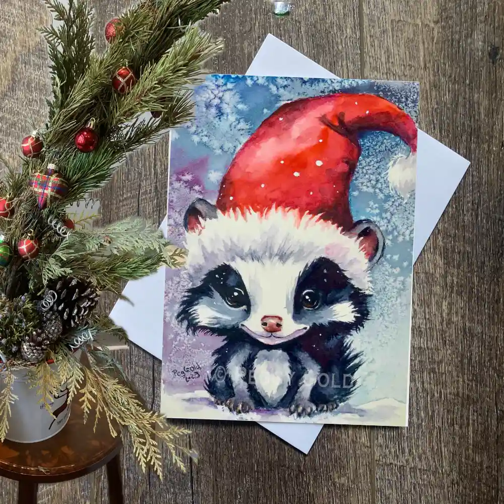 Watercolour smiling skunk Christmas card
