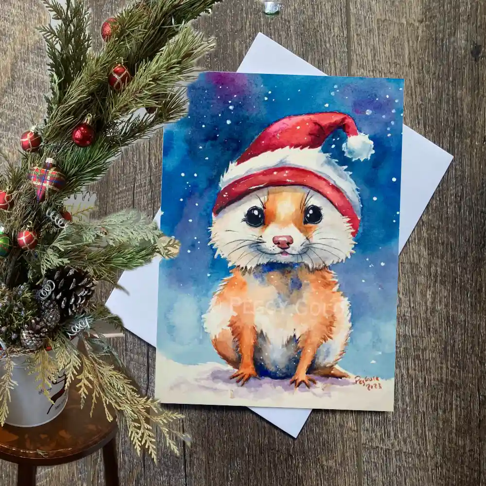 Cute and fluffy watercolour weasel Christmas card
