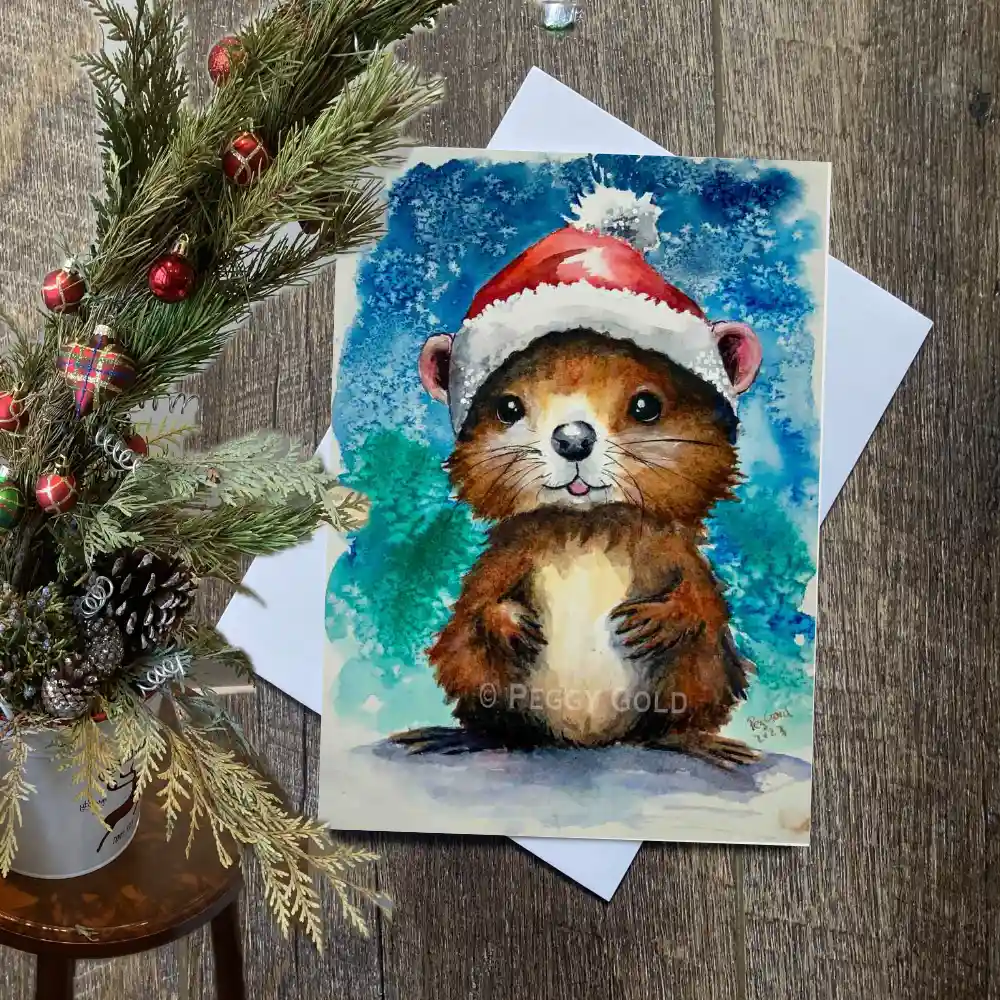 Watercolour beaver Christmas card