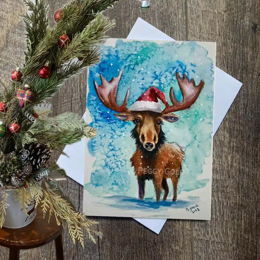 Watercolour Moose Christmas card
