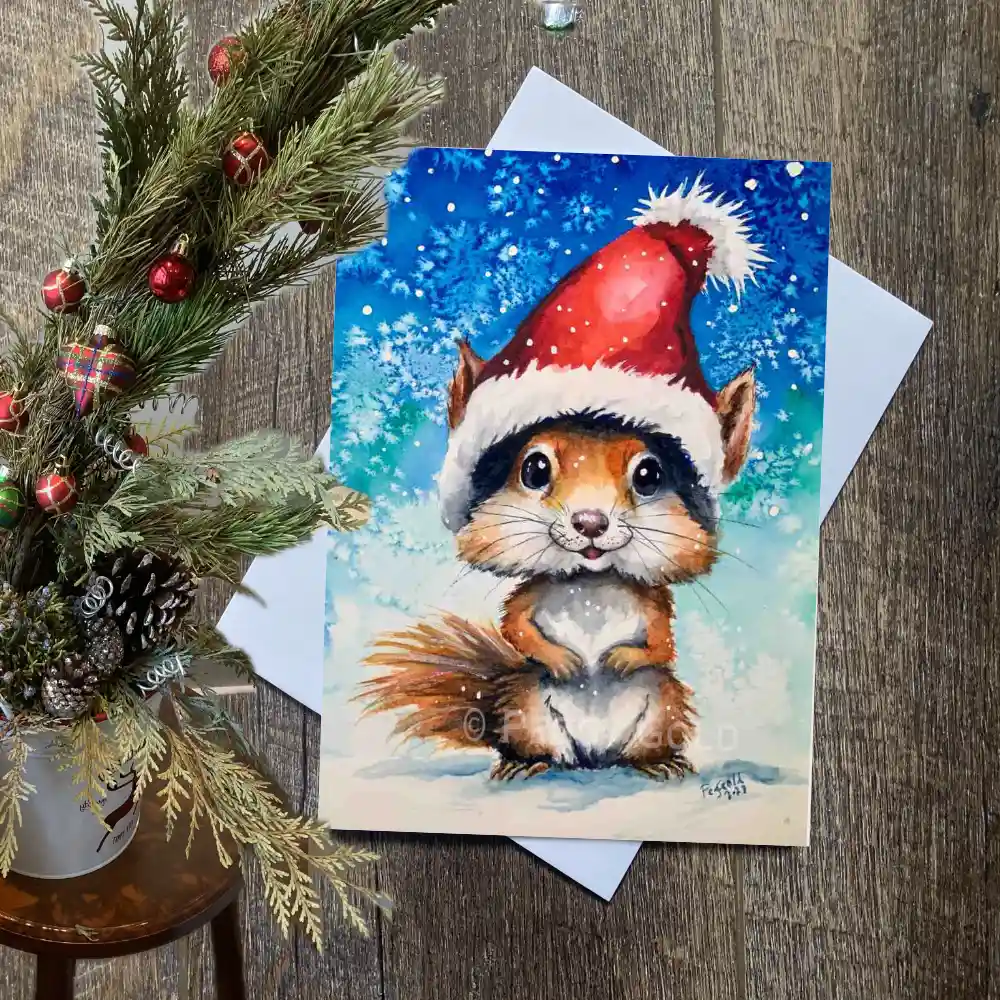 Watercolour whimsical squirrel Christmas card