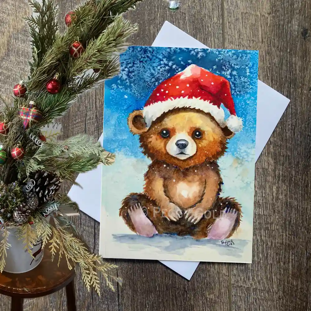 Cute and cuddly watercolour bear Christmas card