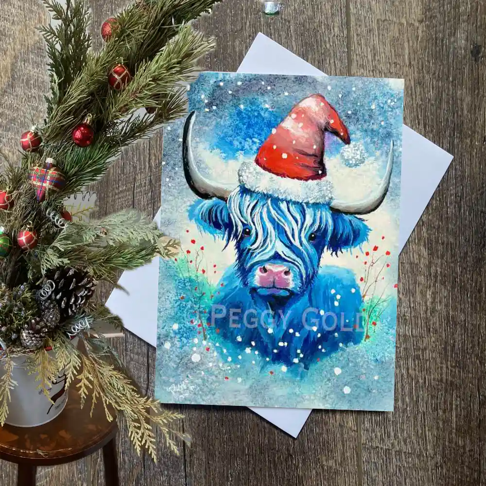 Blue highland cow Christmas card wearing a Santa hat