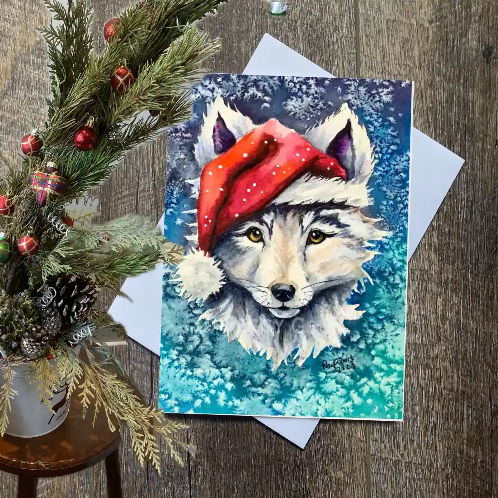 Watercolour wolf Christmas card